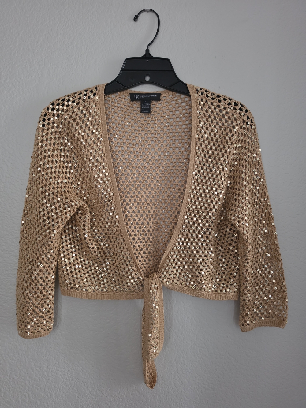 INC International Concepts Gold Sequin Tie-Front Open-Knit Sweater Shrug